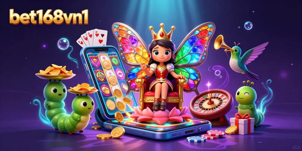 Bet168vn1 showcases a vibrant casino scene with a butterfly queen amidst exciting slot games and golden chips.