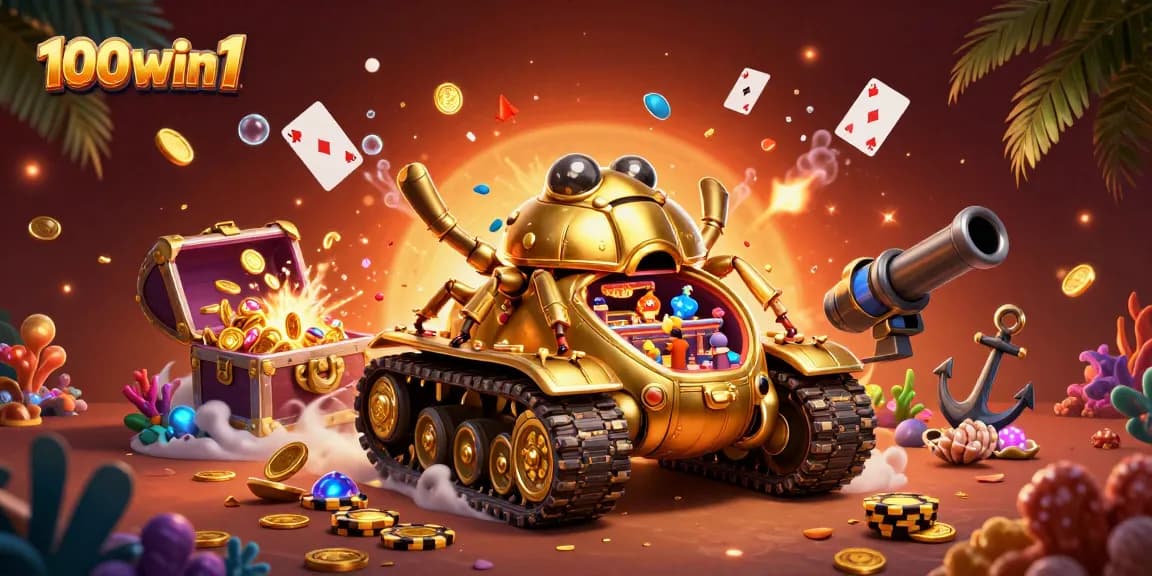 Experience winning thrills at 100win1 with a vibrant casino-themed underwater scene featuring a golden beetle tank.