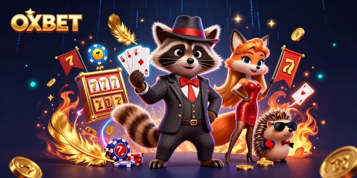 Experience the excitement of OXBET with a dynamic casino scene featuring a suave raccoon and fox lady.