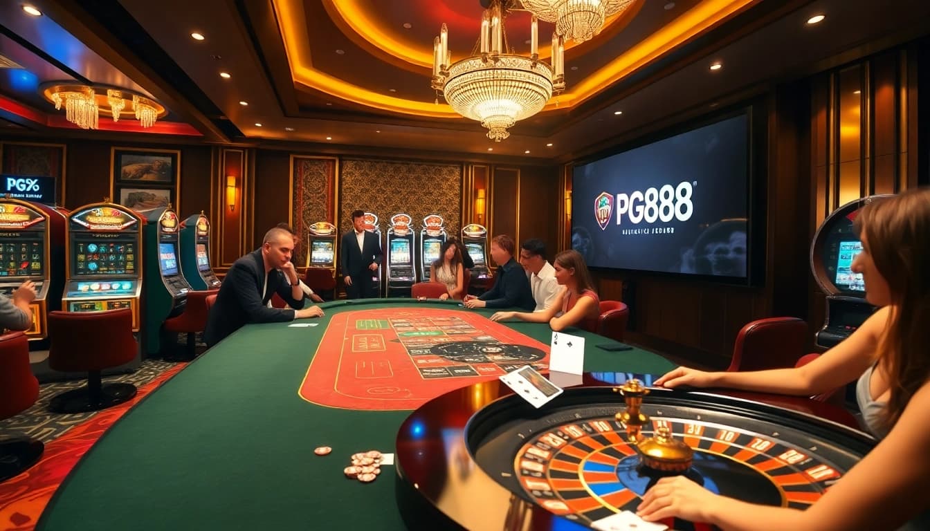 Exciting PG88 casino scene with players at a roulette wheel and poker table, showcasing luxury and thrill.