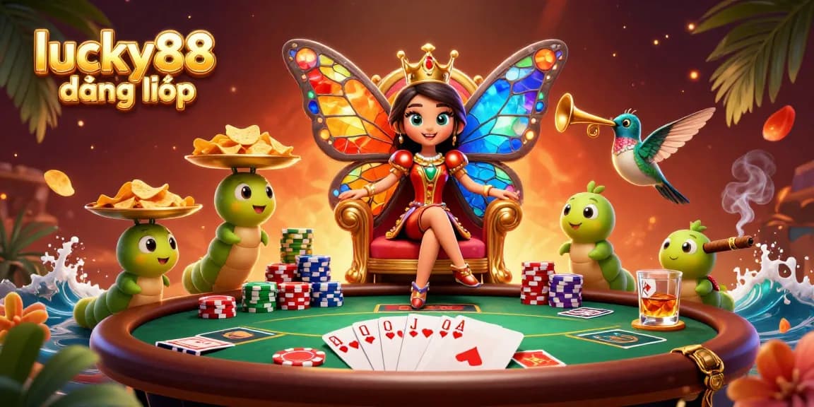 Engage with lucky88 đăng nhập through a vibrant 3D casino fantasy scene featuring a butterfly queen.