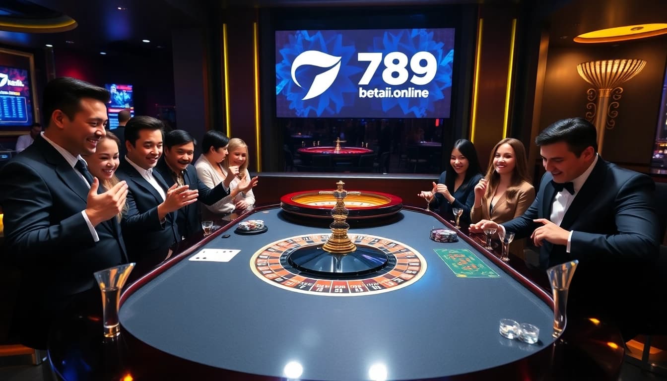 Experience thrilling gaming action at https://789betai.online/ with an elegant roulette table surrounded by excited players.