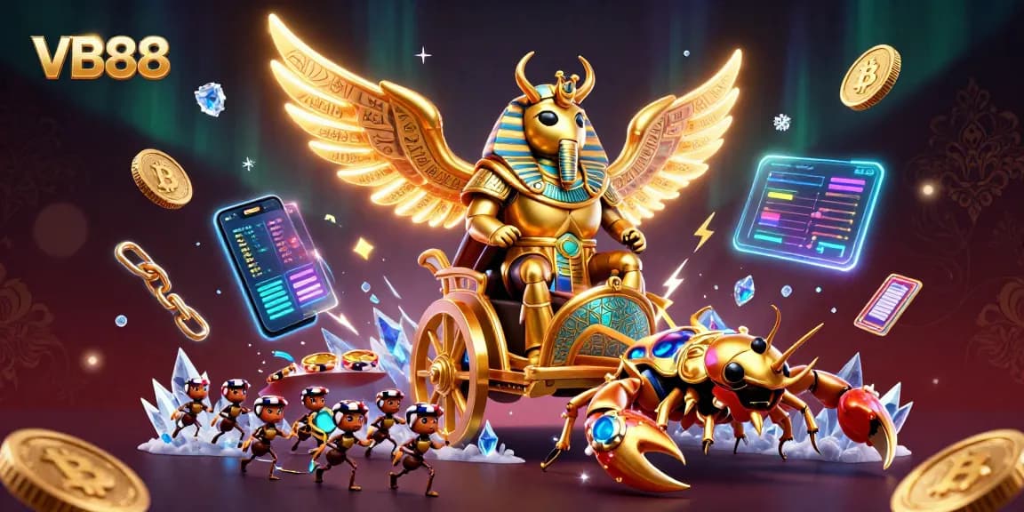 Experience VB88 with a dynamic scene of a golden scarab beetle riding a chariot, surrounded by glowing crypto coins and vibrant casino elements.