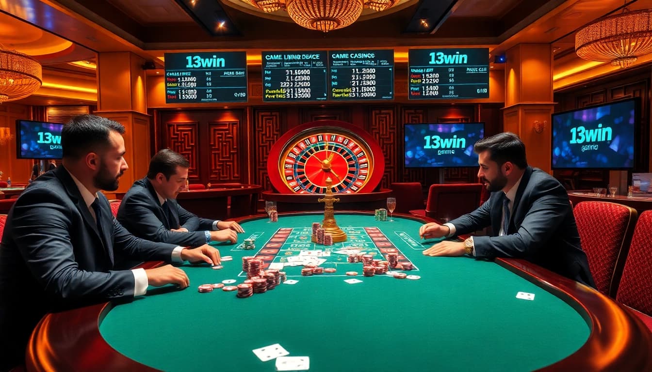 Experience thrilling poker action at 13win's upscale casino, complete with vibrant chips and cards.