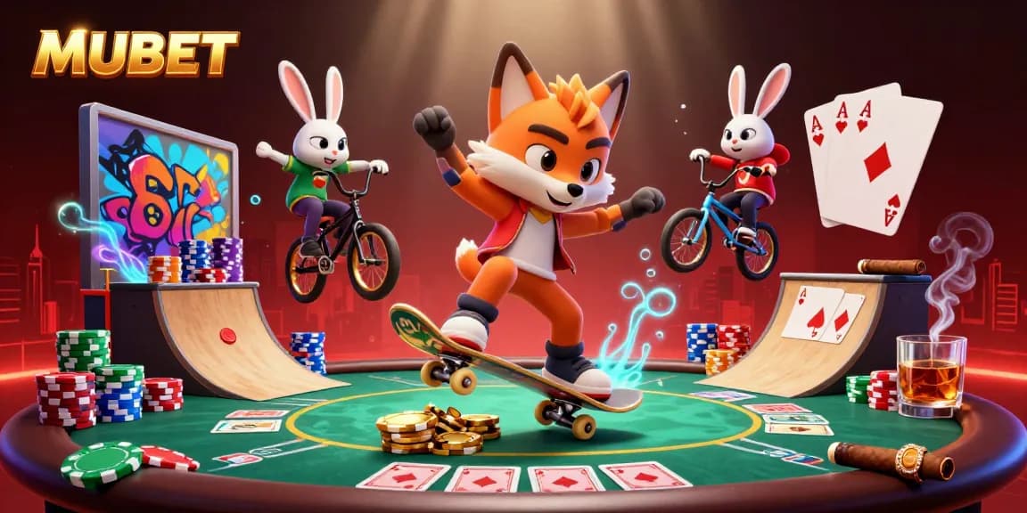 MUBET showcases a vibrant 3D scene with a skateboarder fox and BMX rabbit, illustrating playful casino excitement.