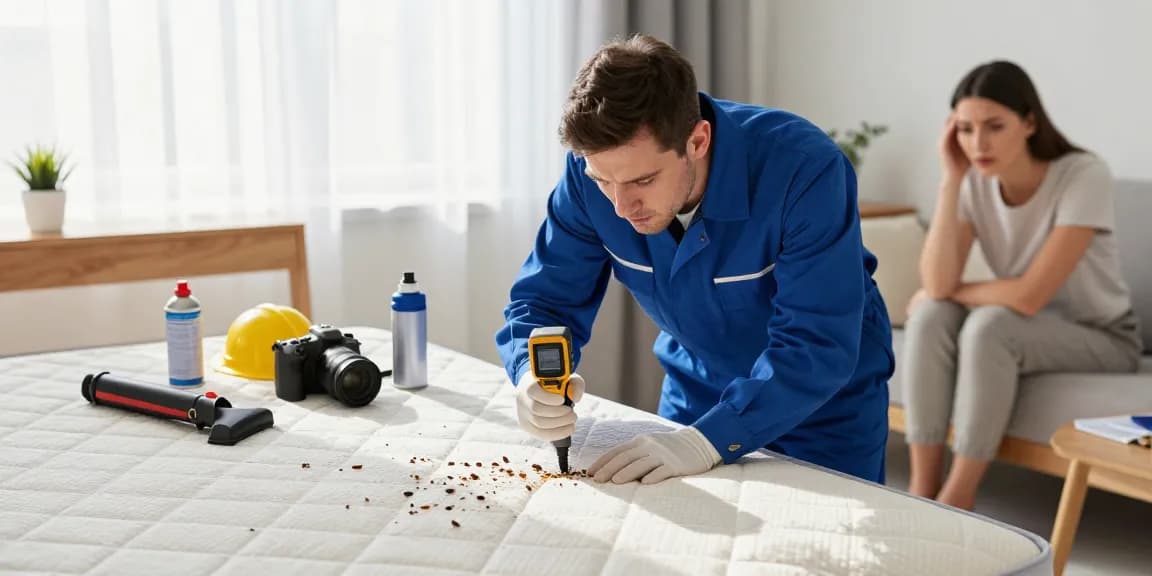 Bed bug exterminator inspecting for pests in a bedroom with professional tools and soft light.