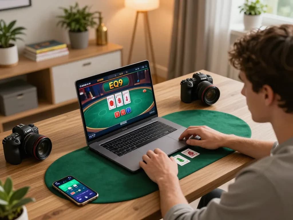 Player winning at EQ9 online poker on laptop, showcasing strategic gameplay in a cozy setup