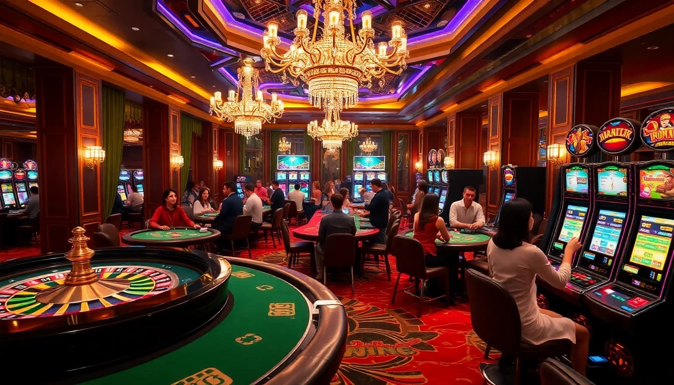 Players enjoying an energetic gaming experience at RR88 casino with roulette and poker elements.