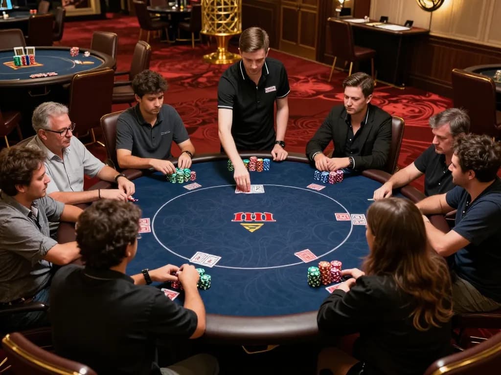 Players engaging in an exciting poker game at fun 79's upscale casino, with vibrant atmosphere and high-stakes action.