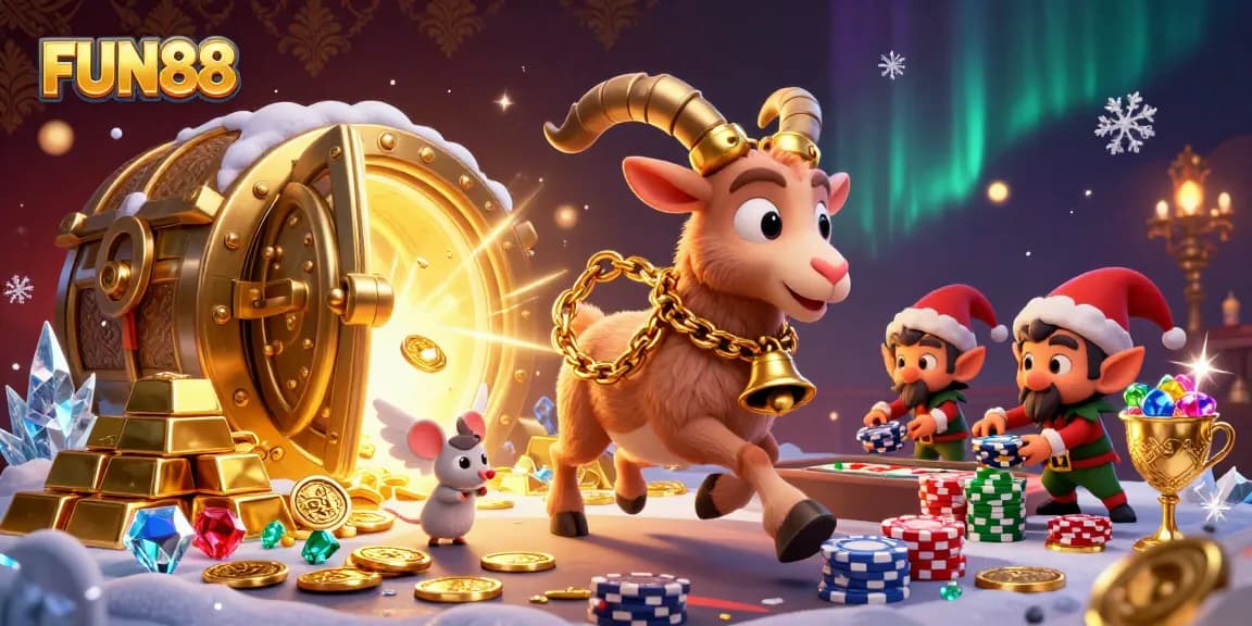 Join the festive FUN88 casino adventure with quirky characters amidst a treasure-filled scene.