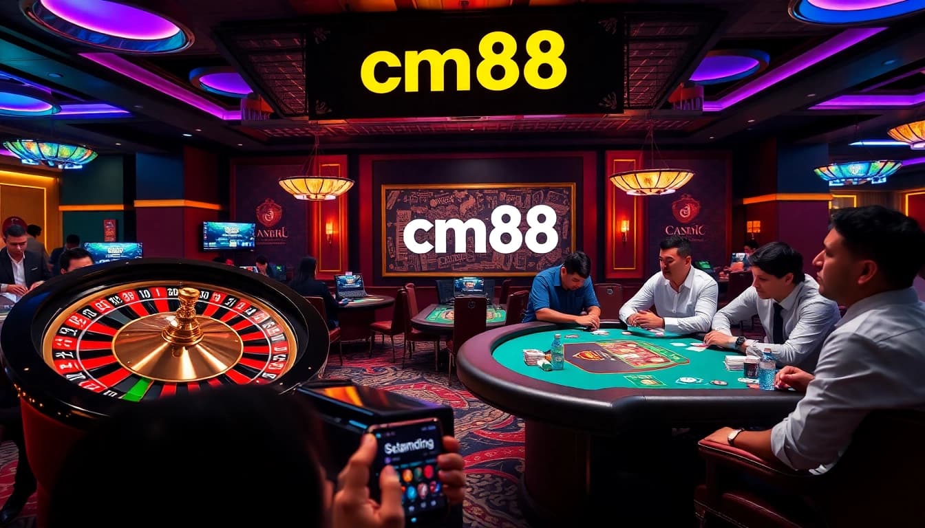 Experience the thrilling atmosphere at cm88 with a vibrant roulette wheel and engaged poker players.