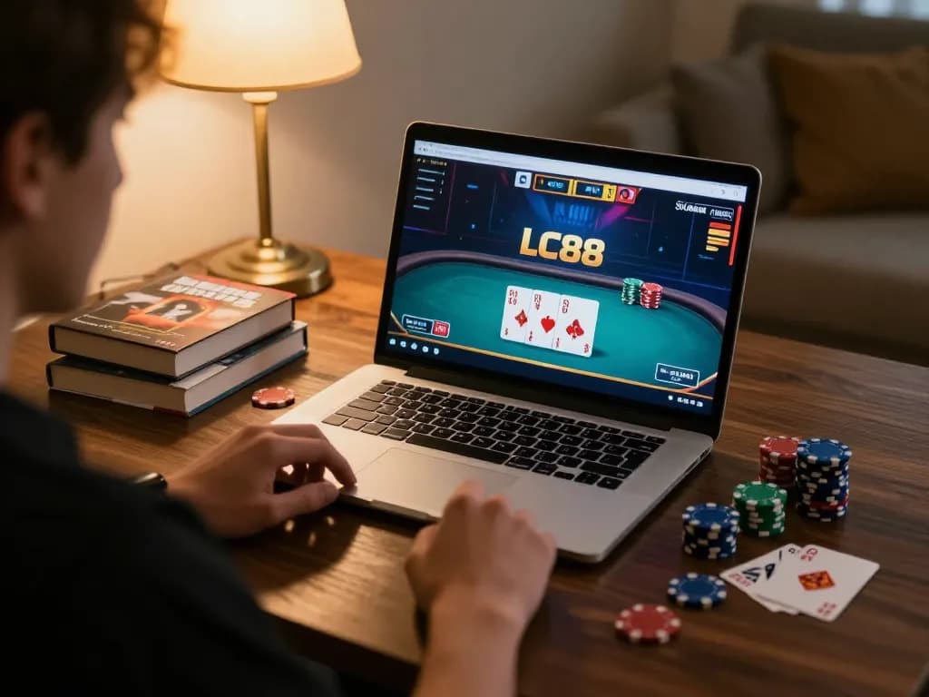 Engaged player enjoying online poker on LC88 in a cozy home setting.
