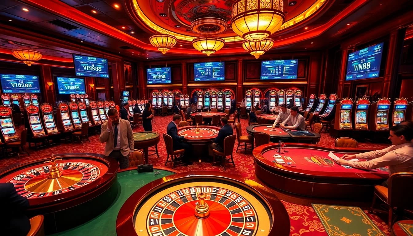 Players engaged in thrilling gambling action at VIN88's impressive casino layout.