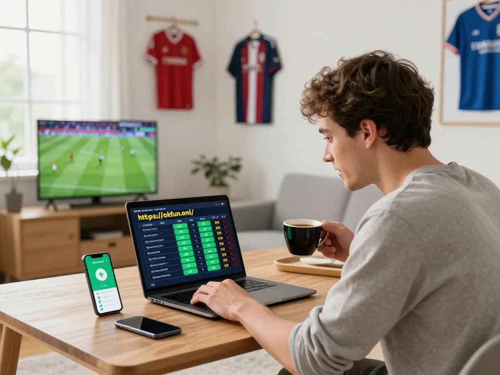 Enthusiastic user engaging with online betting on https://okfun.onl/ in a cozy home settings surrounded by sports memorabilia.