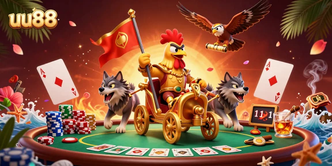 Engage in thrilling action at uu88 with a dynamic illustration of casino games featuring vibrant characters.