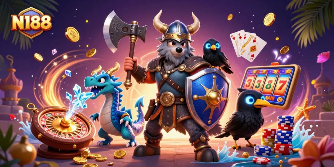 N188 casino action scene featuring a Viking wolf warrior, a fierce dragon, and golden coins flying, enhancing the gaming experience.