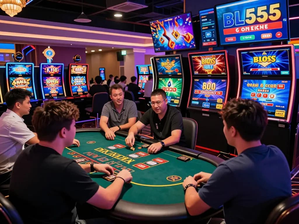 BL555 vibrant online gaming scene with players enjoying poker, slots, and live dealer interactions in a dynamic casino atmosphere.