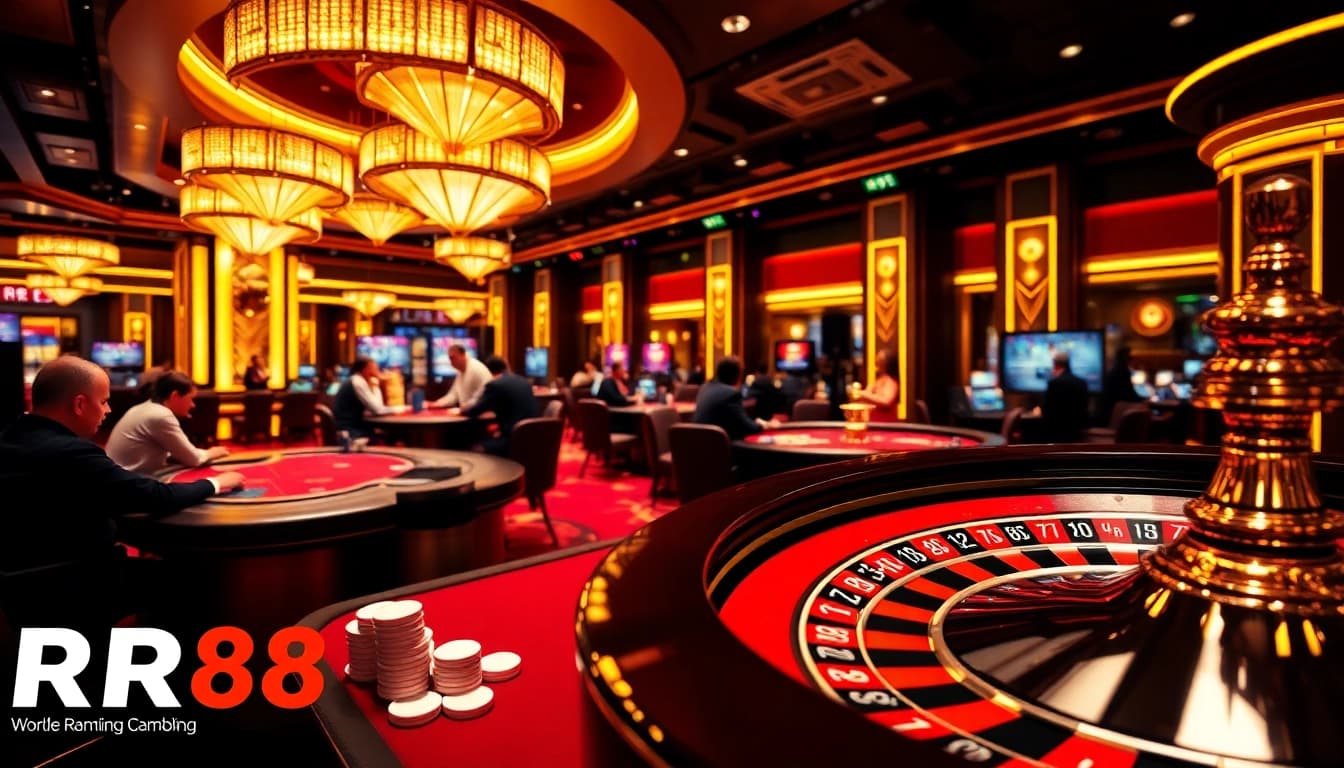 RR88 casino players enjoying high-stakes poker and roulette games in a luxurious setting.
