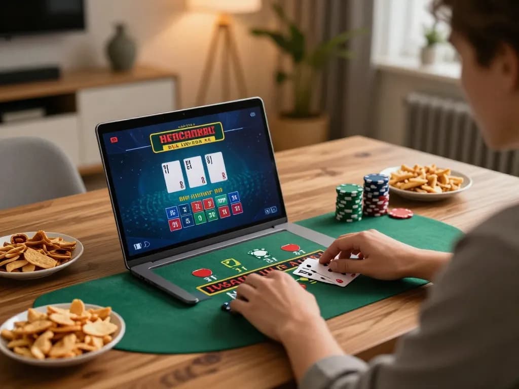 Person engaged in blackjack gameplay on laptop, showcasing lc88 online casino excitement.