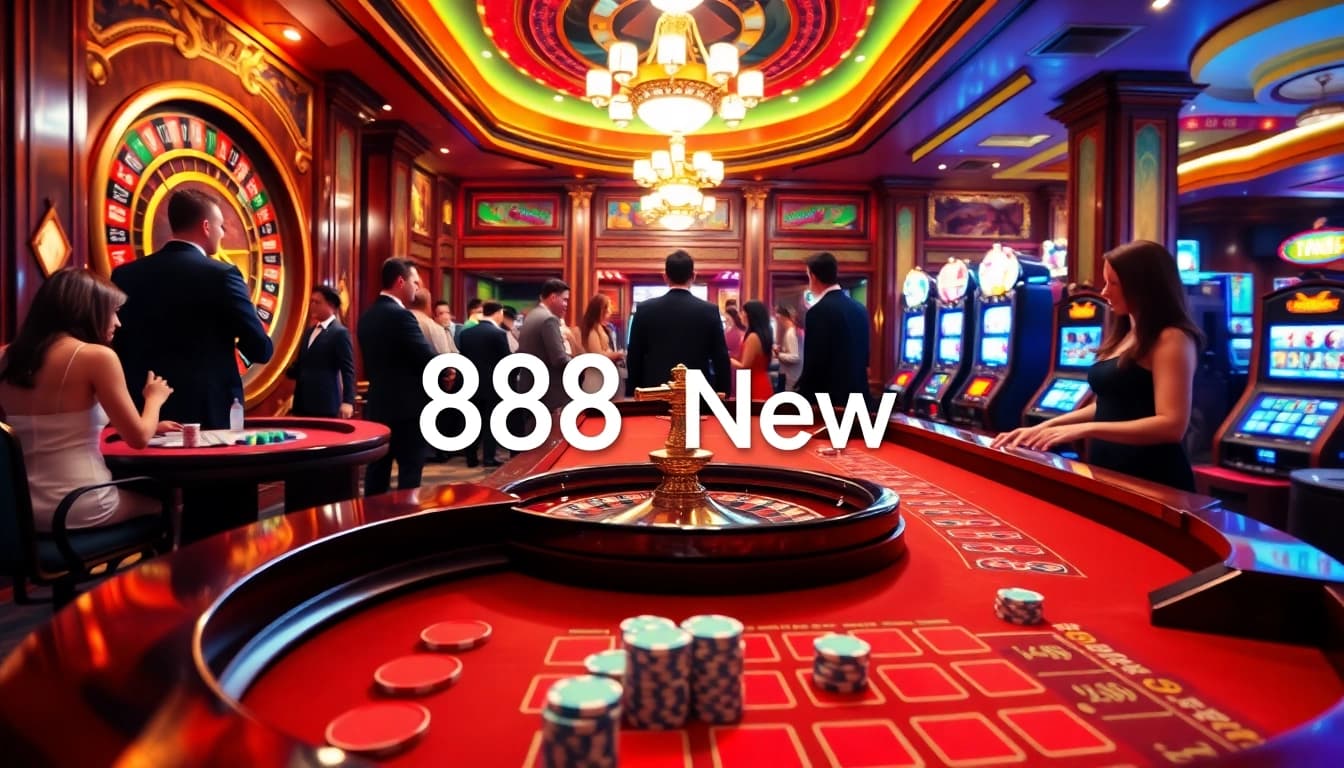 Experience the thrill of betting at the luxurious 888 new casino with a vibrant roulette wheel and elegant players.