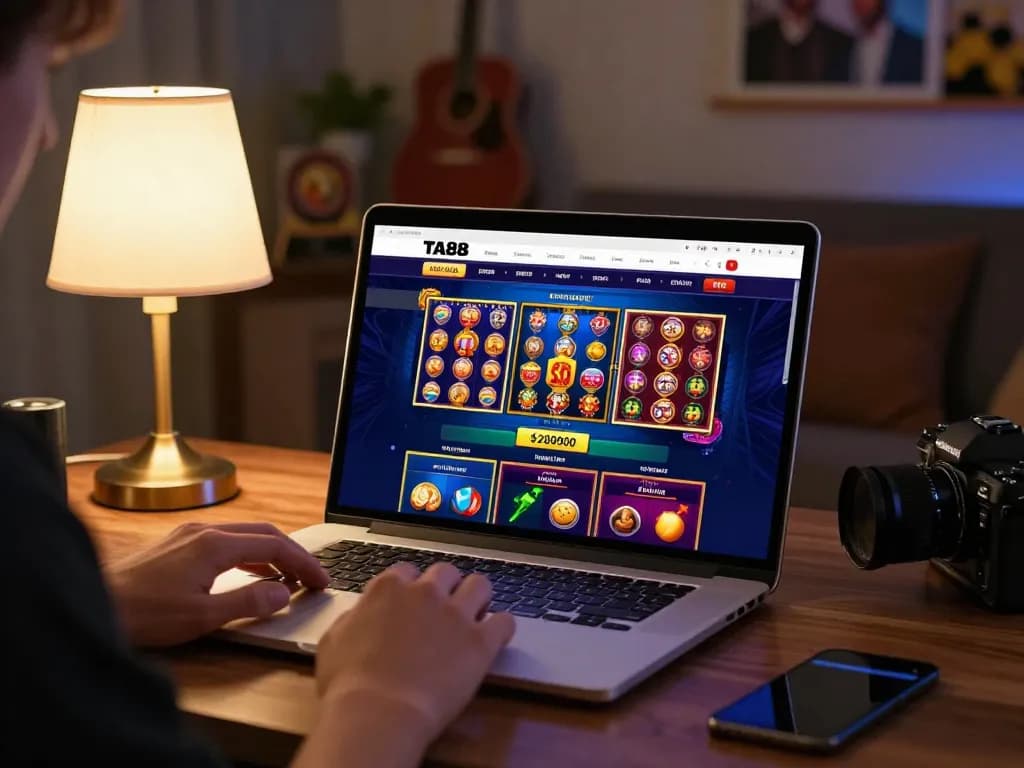 Person engaging in responsible online gambling at TA88's casino platform on a modern laptop.