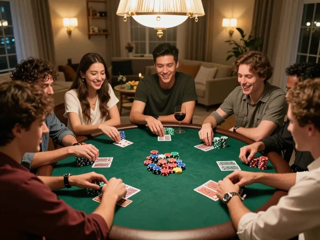Friends playing poker in a cozy home setting, showcasing strategic gameplay and festive atmosphere at TA88.