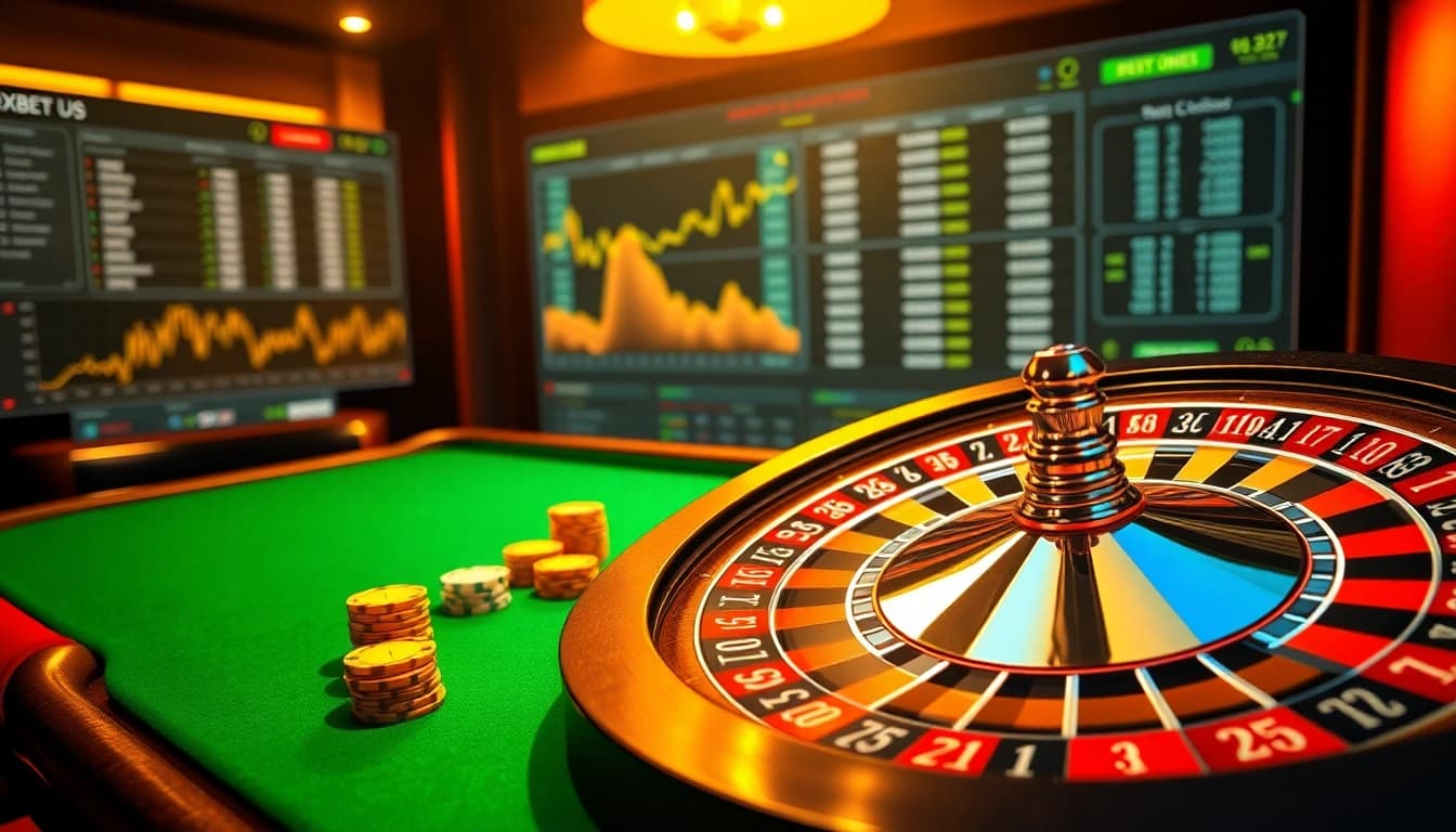 Players enjoying the excitement at https://oxbet.ae/ online casino with vibrant poker chips and roulette.