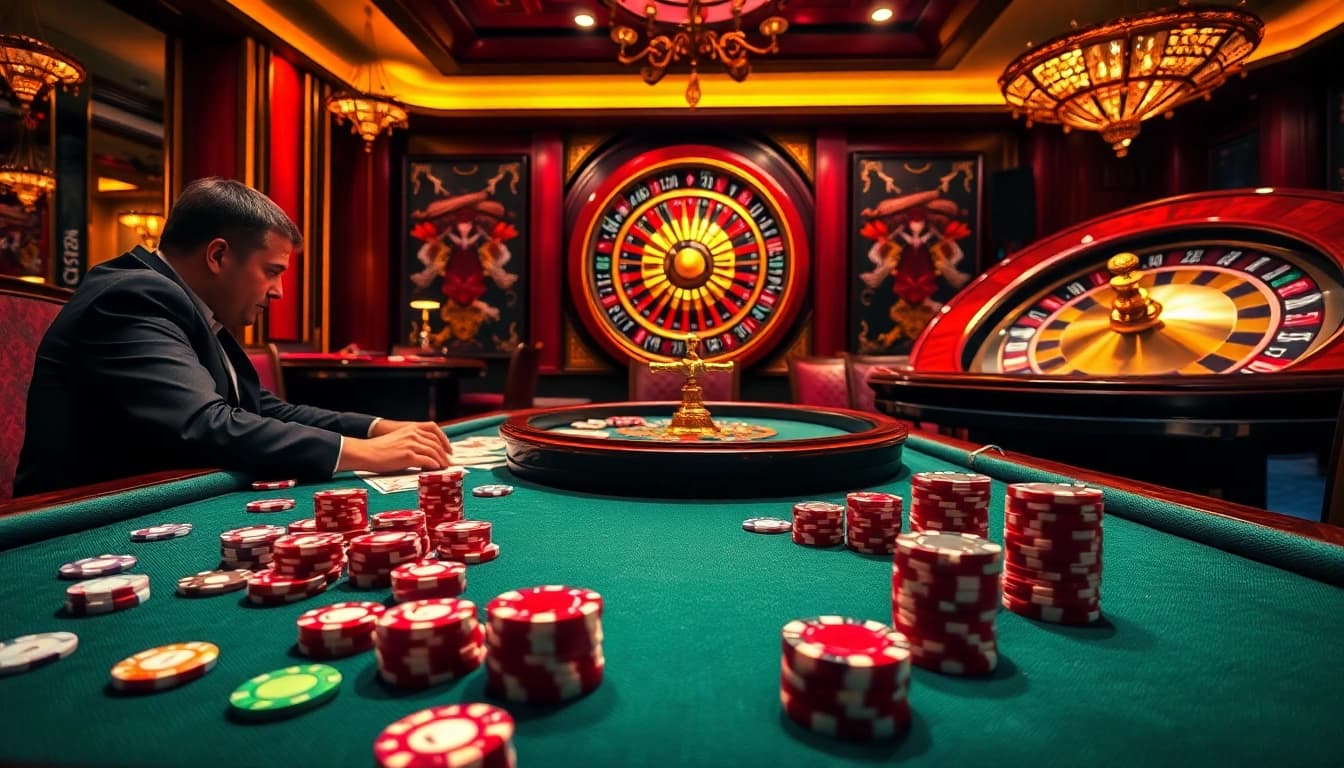 Experience high-stakes excitement at Da88 with vibrant poker tables and colorful chips.