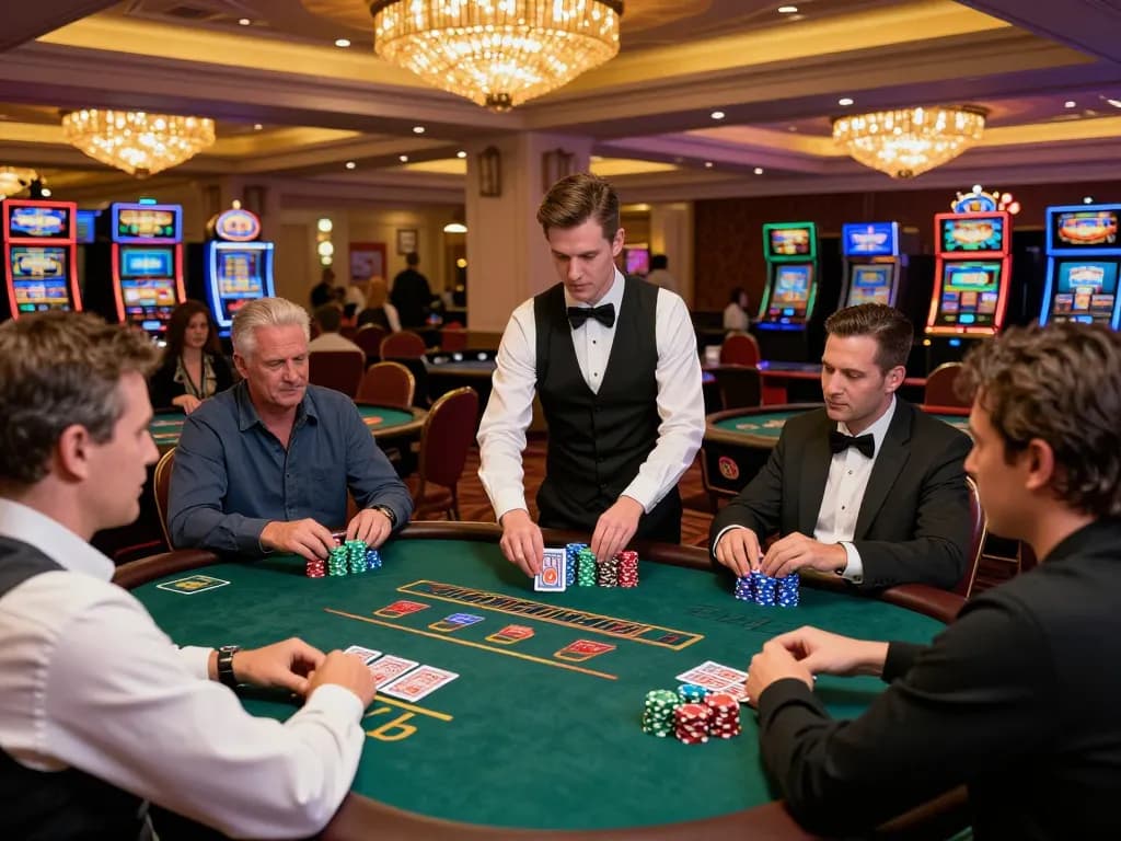 Players at a uk 88 blackjack table strategizing their next moves in an upscale casino.