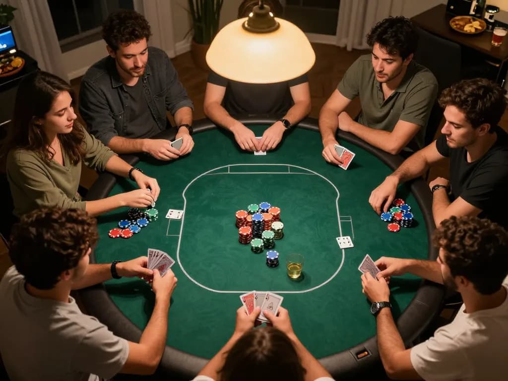 Friends enjoying an intense poker night at home with vibrant chips and focused expressions, VB88 gaming strategy.