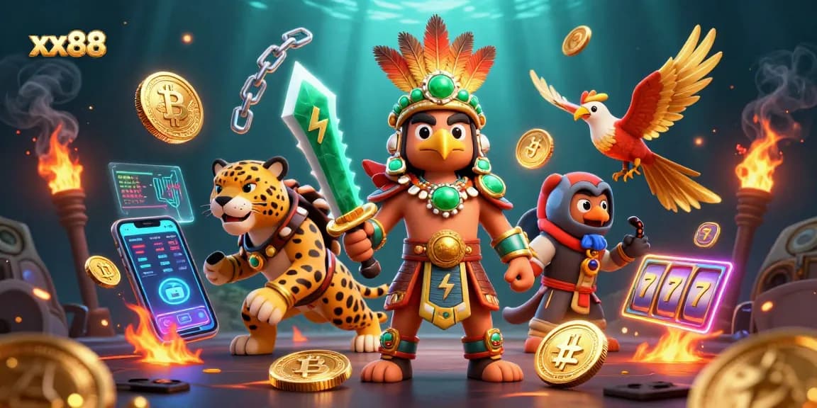 Engage in xx88 gaming adventures with Aztec warriors, coins, and vibrant slot reels.