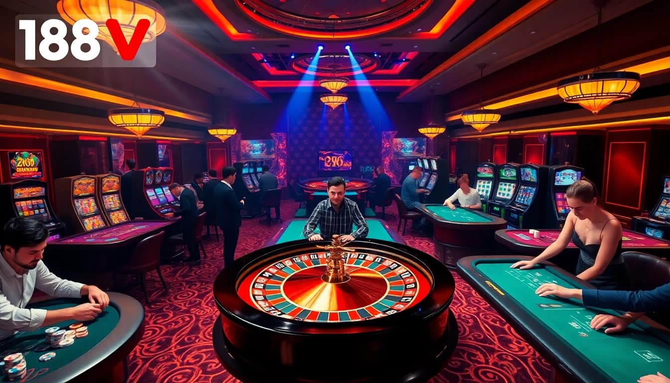 Players enjoying thrilling games at 188V casino, highlighting vibrant roulette and slot machines.