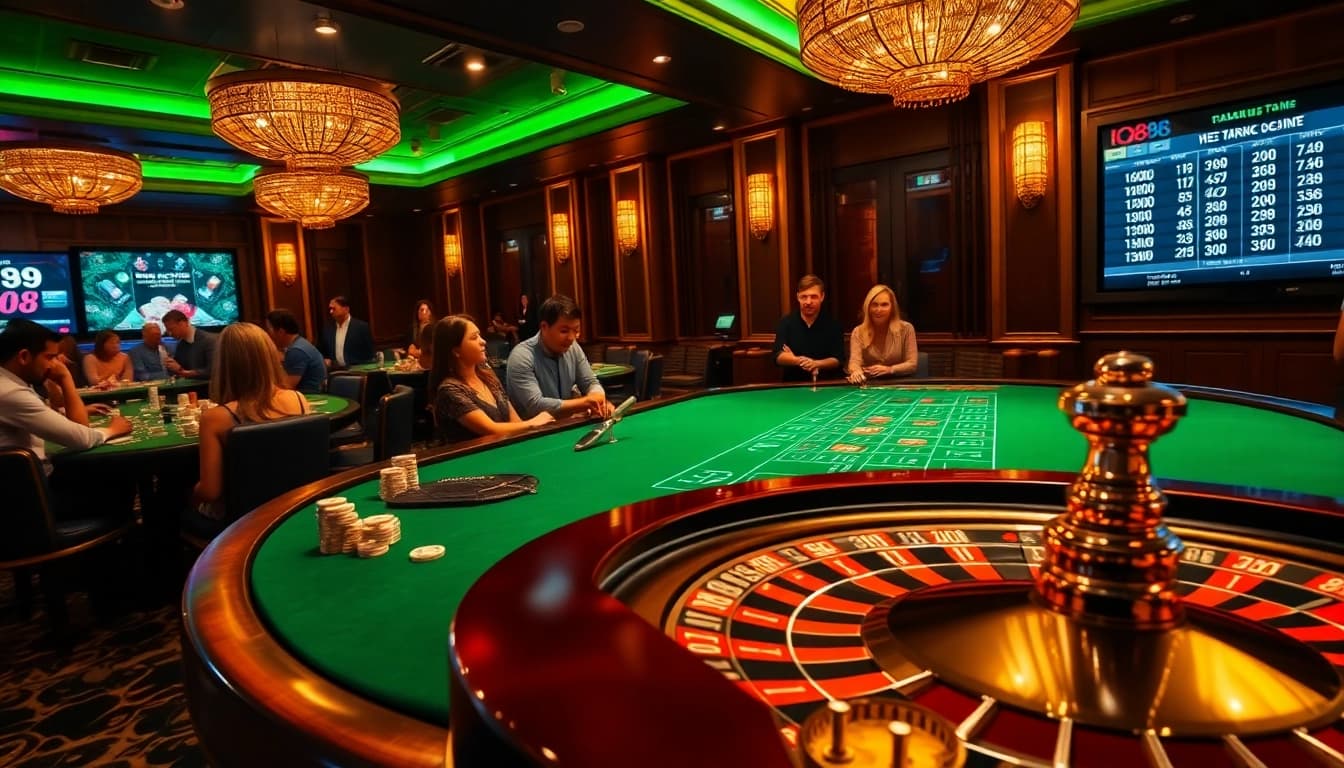 Engage with thrilling games at IQ88 casino, featuring vibrant poker chips and a roulettes wheel in an exciting atmosphere.