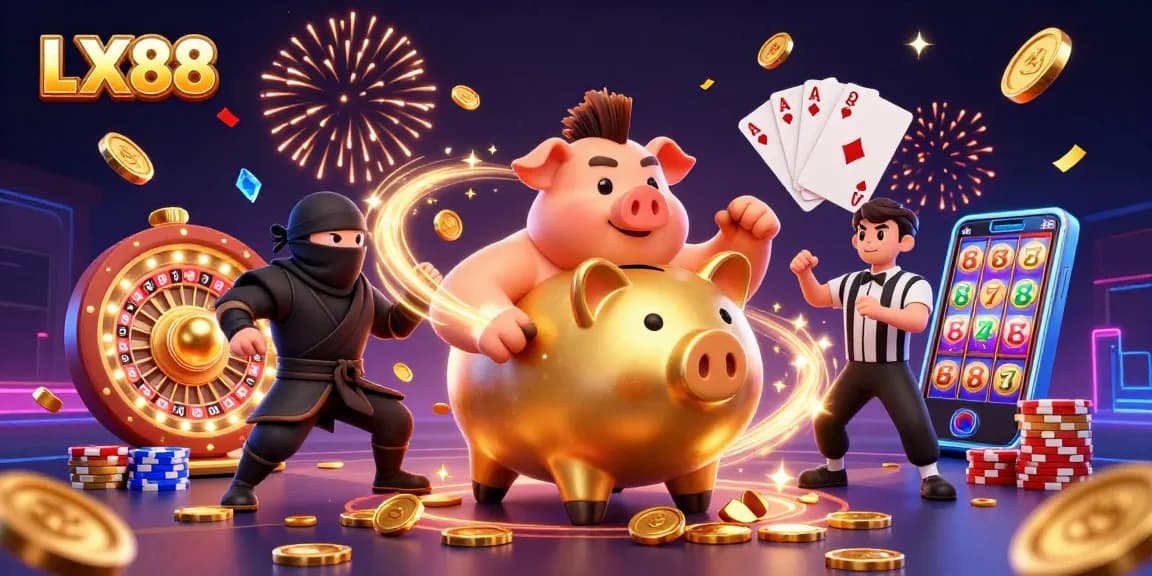 Engage in exciting gambling action as LX88 showcases dynamic 3D illustrations with vibrant casino elements.