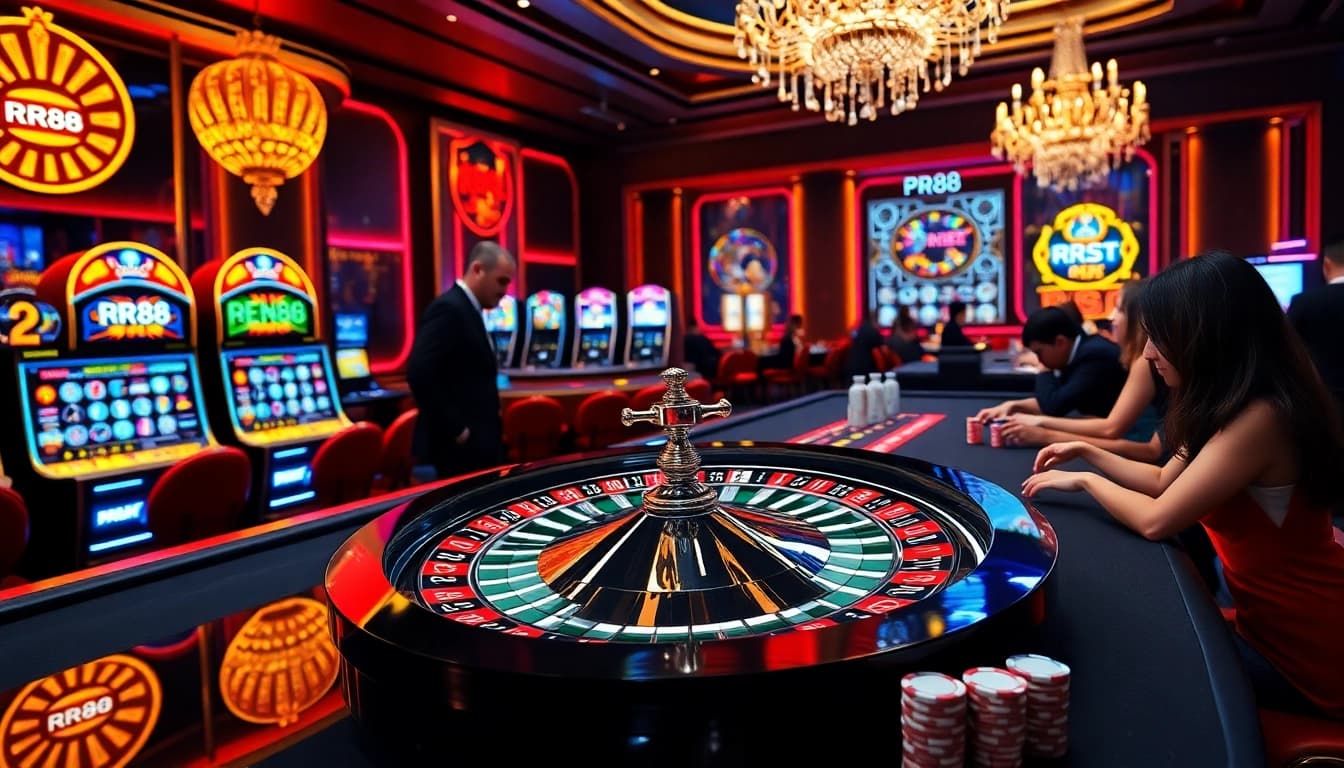 RR88 roulette wheel surrounded by excited gamblers in a luxurious casino setting.