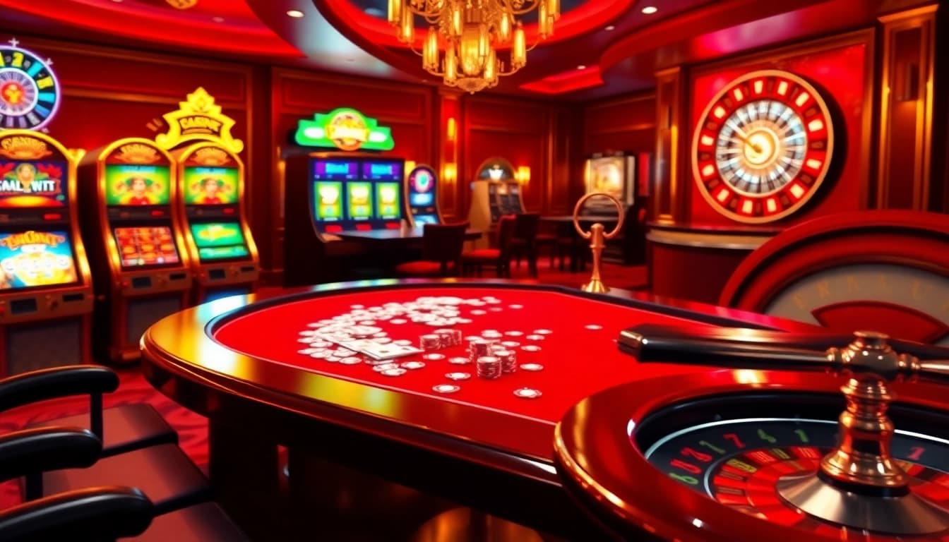 A vibrant casino scene showcasing players at poker and slot machines, inspired by https://68vip.sh/.
