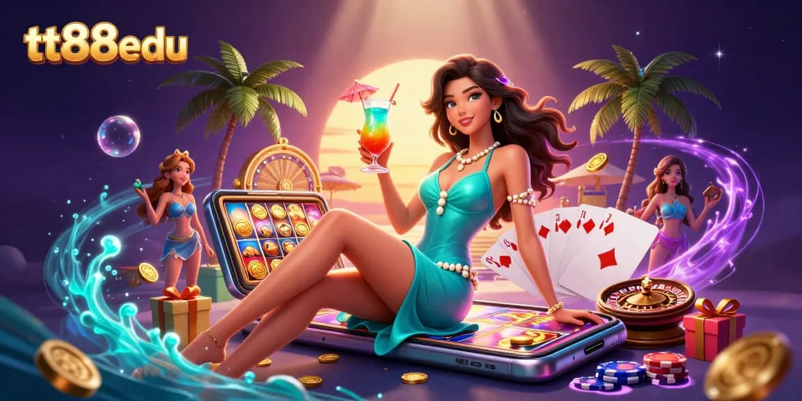 Experience the thrill of games at tt88edu with a vibrant casino illustration featuring a glamorous woman and exciting elements.