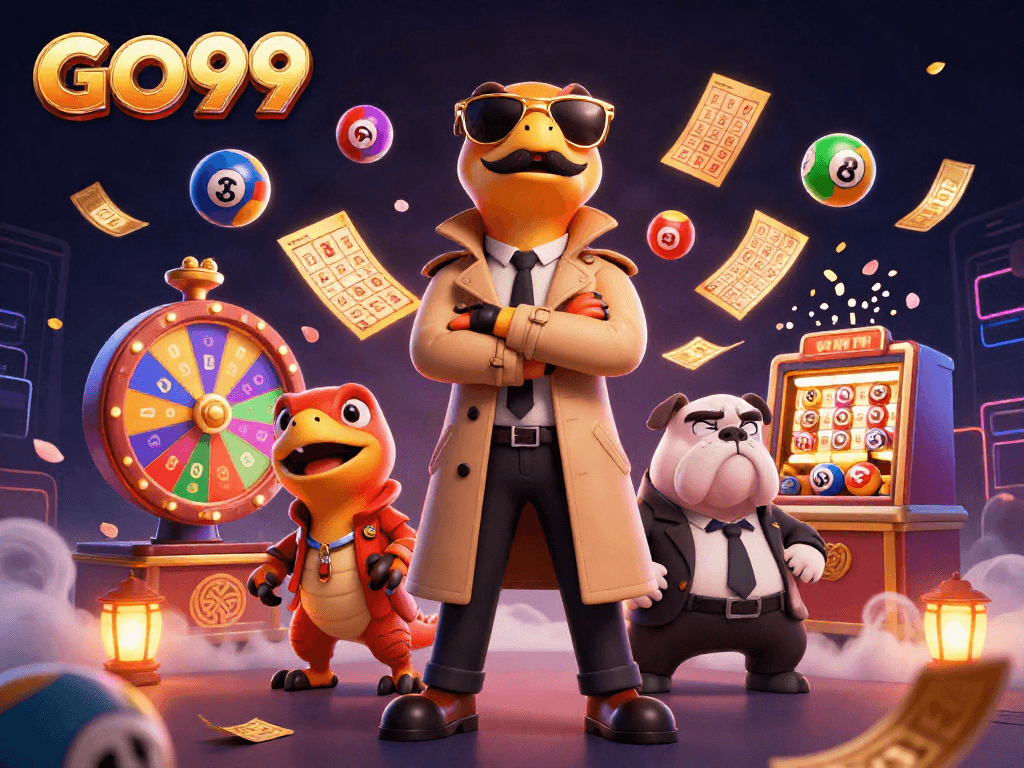 GO99 raptors in trench coat sneak into VIP casino filled with colorful gambling elements.
