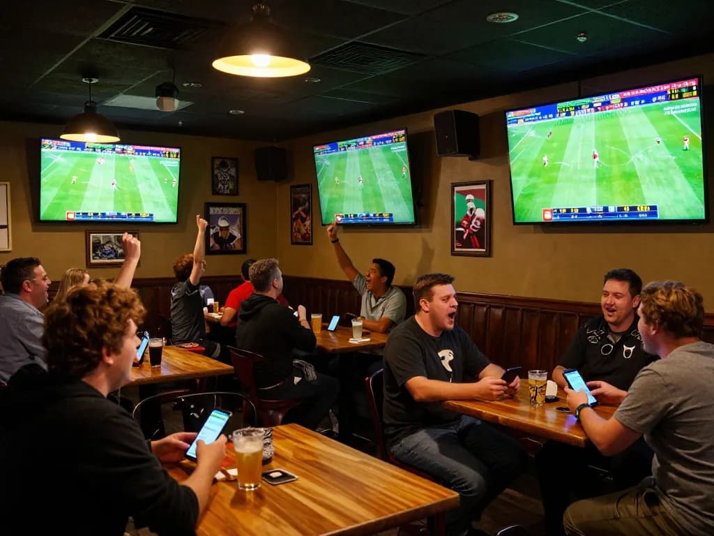 Soi kèo bóng đá as fans engage in live betting with sports screens displaying real-time odds at a lively bar