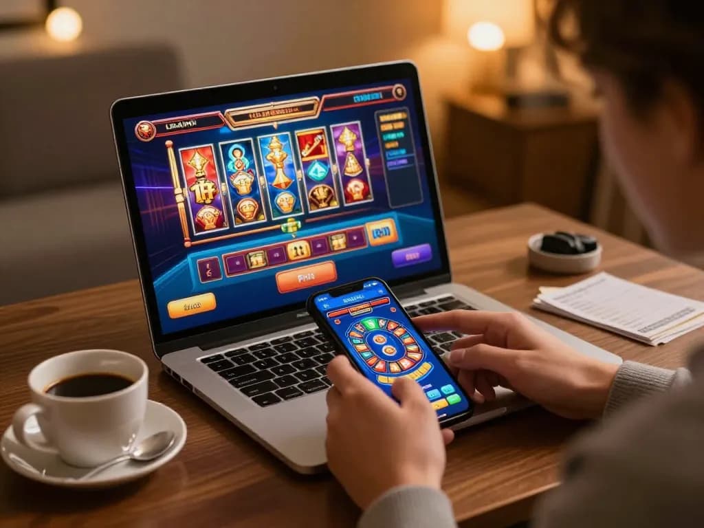 Kong88 player strategizing with mobile device during online slots session in cozy setting