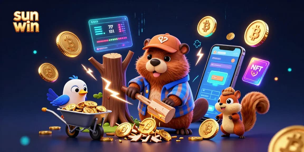 Join the sun win adventure as the beaver collects gold coins and crypto treasures in this vibrant casino scene.