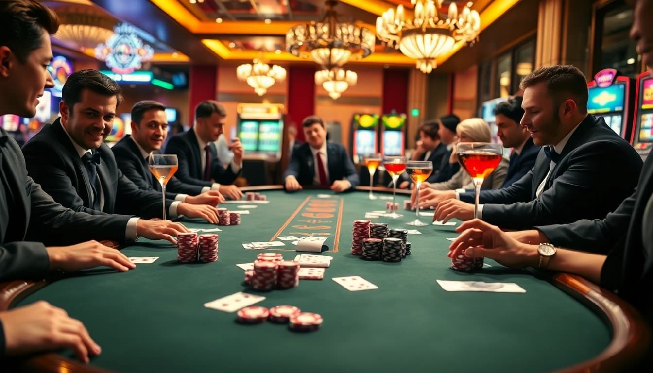 Experience high-stakes excitement at DEBET's luxurious poker table with players engaging in thrilling action.