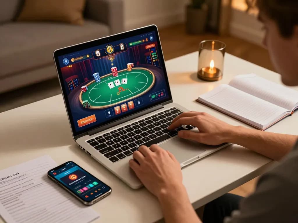 C168 online gaming setup showing poker game on laptop with strategic notes and responsible gaming elements