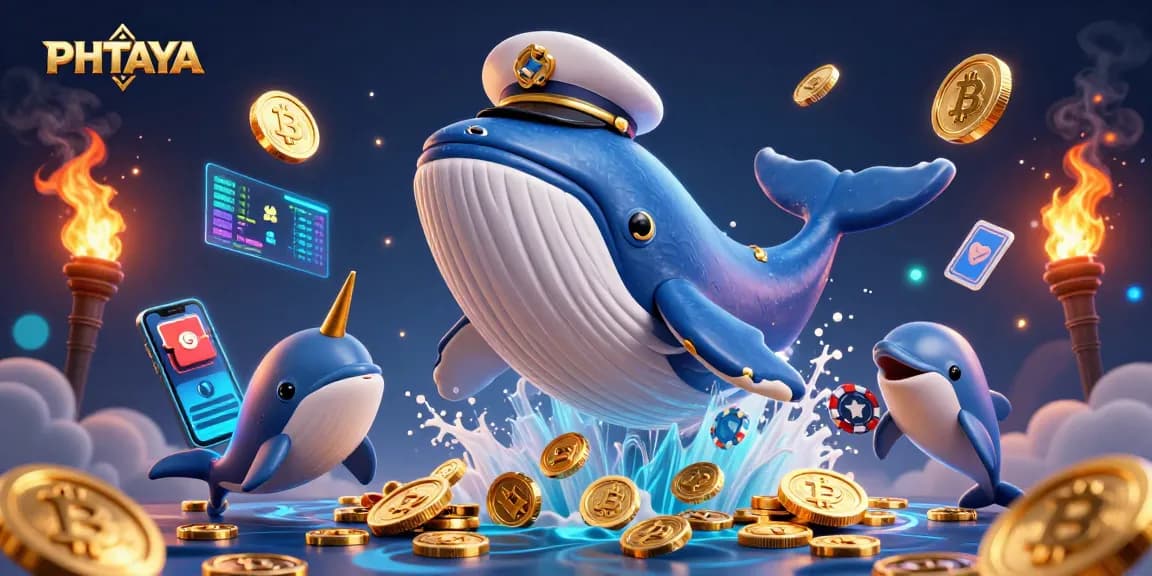 Experience PHTAYA's vibrant gaming atmosphere with a whale, narwhal, and playful dolphins in an underwater spectacle.