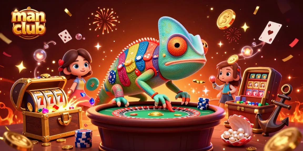 Experience the excitement of man club games with vibrant visuals of slot reels and a colorful chameleon.