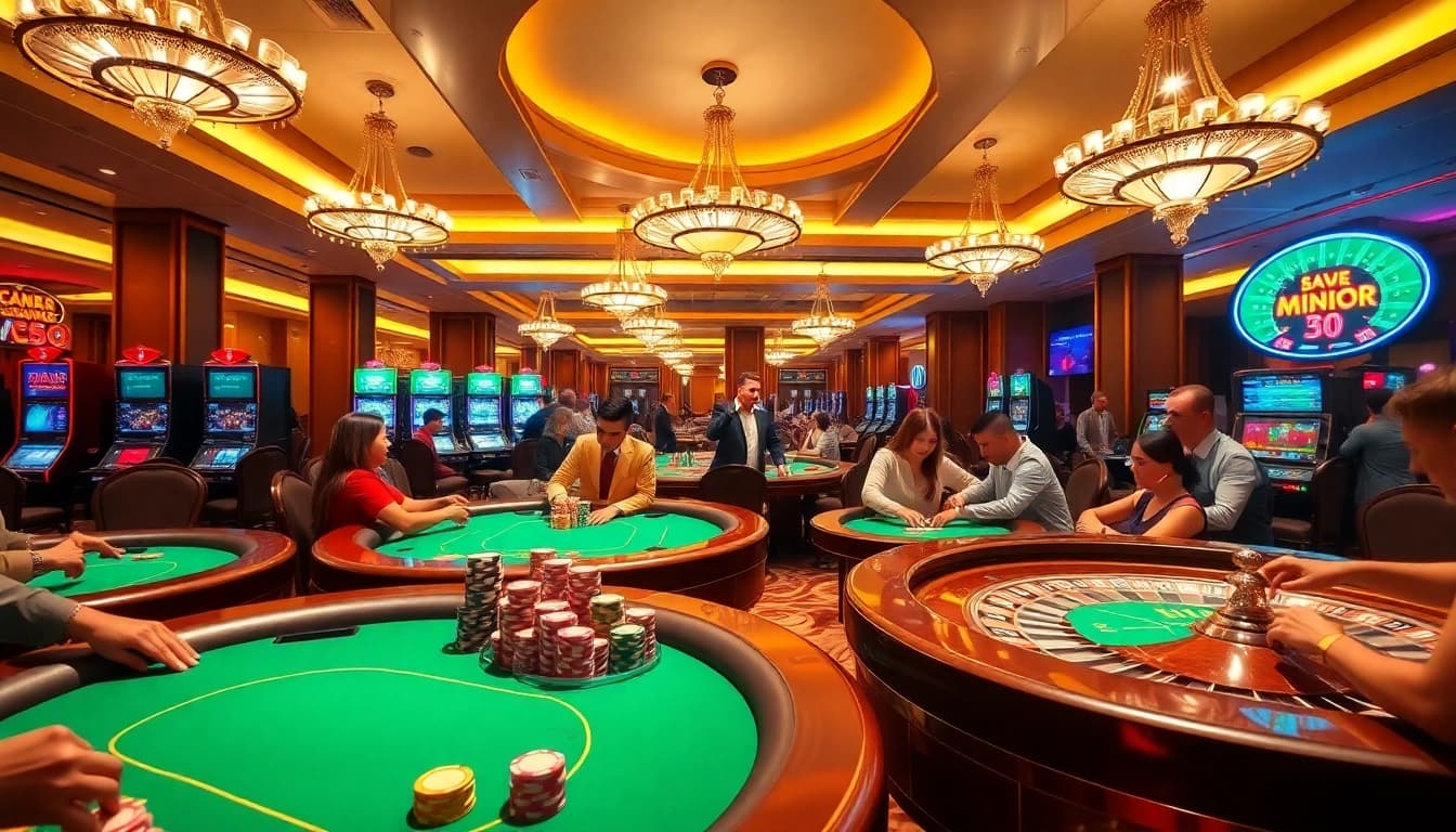 Experience the excitement of gambling at https://9betb.com/ with players enjoying poker and vibrant slot machines.