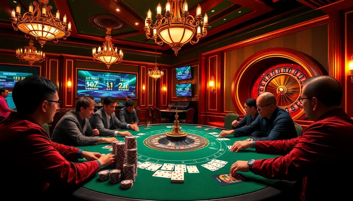 Exciting casino scene featuring a luxurious poker table with DA88-themed analytics for players.