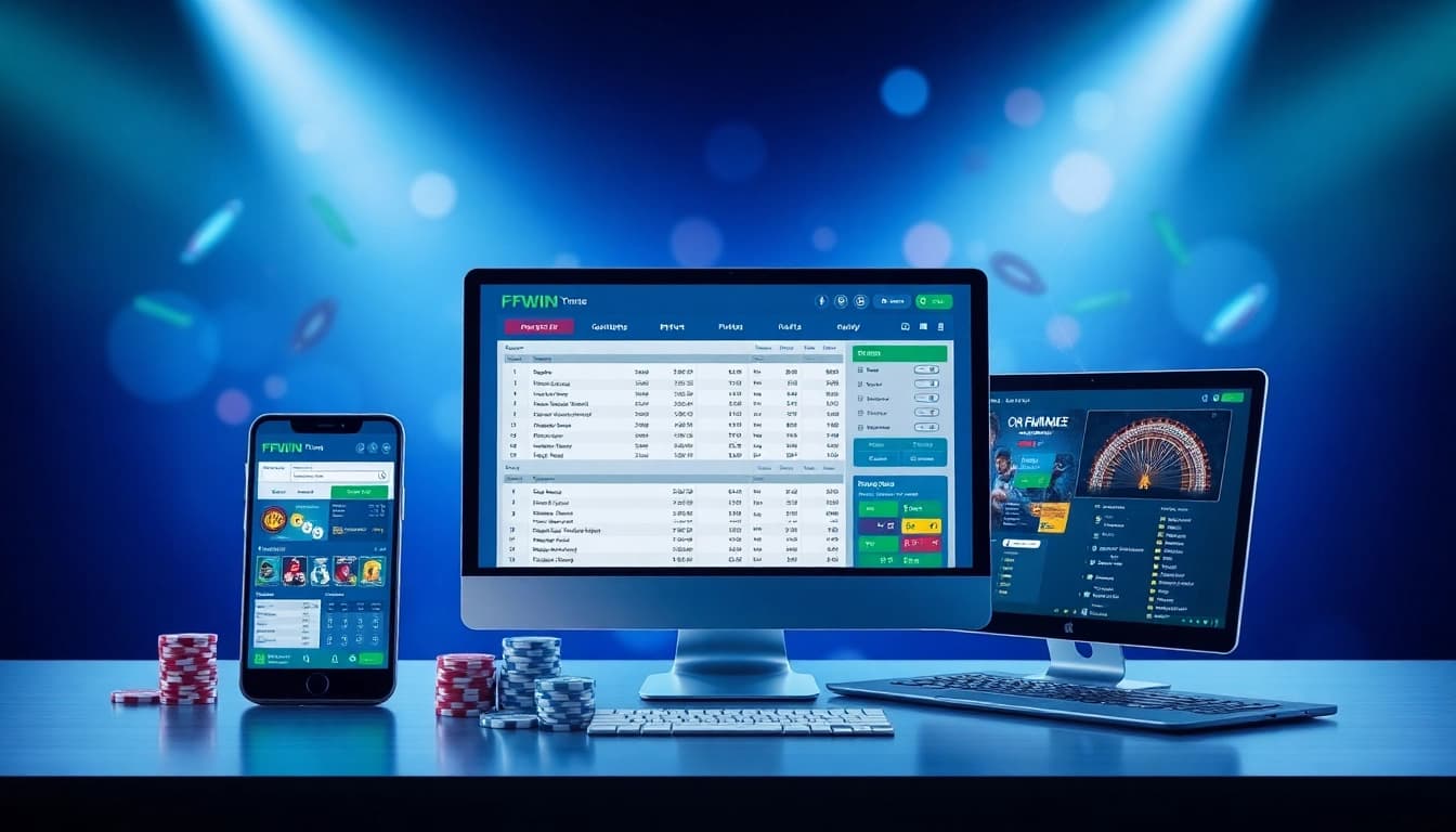 FFWIN online betting platform showcasing multiple devices and gaming elements, symbolizing trust and excitement.