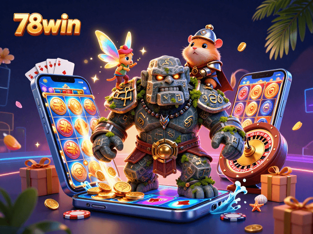 Engage in exciting gambling adventures at 78win with vibrant 3D casino characters and magical elements.
