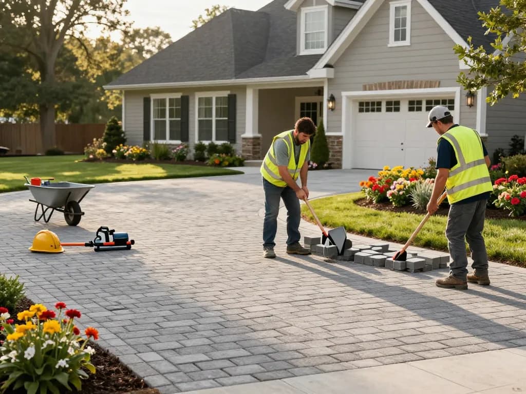 Paver driveway near me, showcasing expert installation of elegant pavers in a beautiful suburban setting
